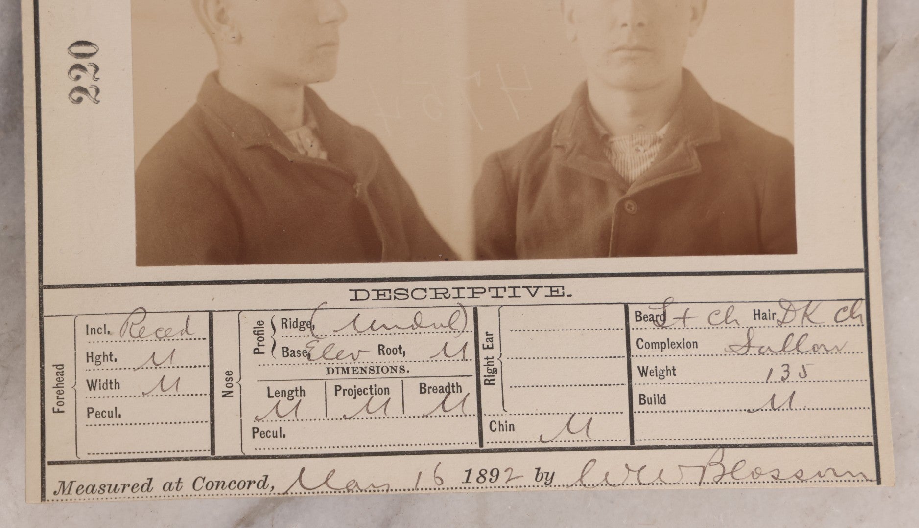 Lot 115 - Antique Real-Photo Police Mugshot And Arrest Card For Henry Hobbs, Arrested For Breaking And Entering, Massachusetts Reformatory, Concord, Massachusetts, 1892