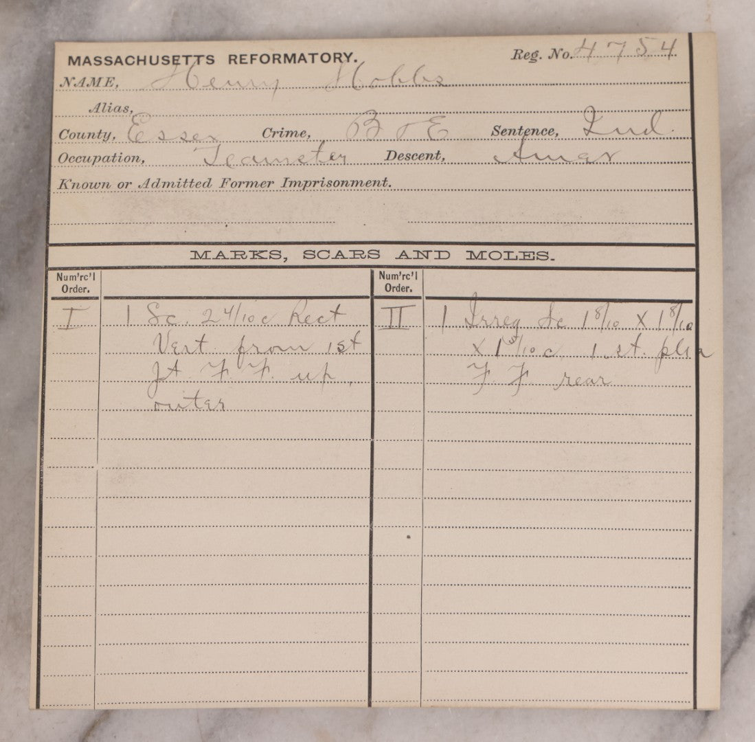 Lot 115 - Antique Real-Photo Police Mugshot And Arrest Card For Henry Hobbs, Arrested For Breaking And Entering, Massachusetts Reformatory, Concord, Massachusetts, 1892