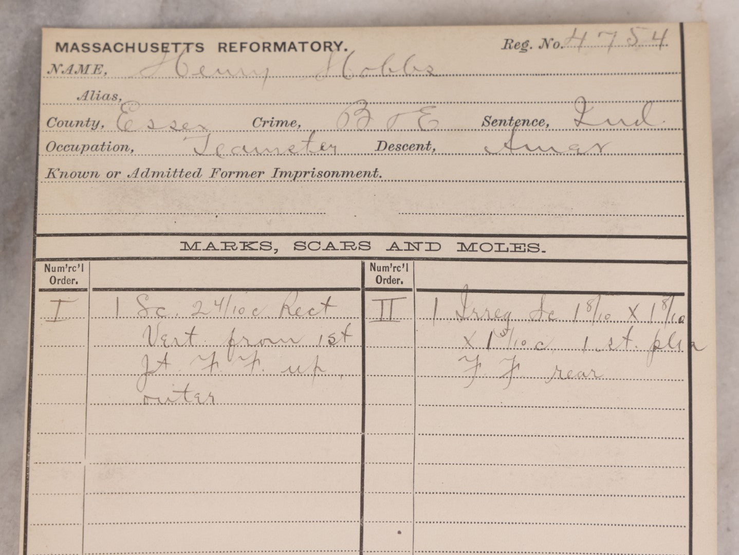 Lot 115 - Antique Real-Photo Police Mugshot And Arrest Card For Henry Hobbs, Arrested For Breaking And Entering, Massachusetts Reformatory, Concord, Massachusetts, 1892