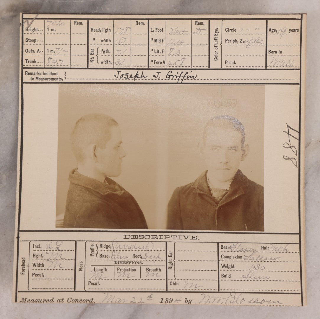 Lot 116 - Antique Real-Photo Police Mugshot And Arrest Card For Joseph J. Griffin, Arrested For Larceny, Massachusetts Reformatory, Concord, Massachusetts, 1894