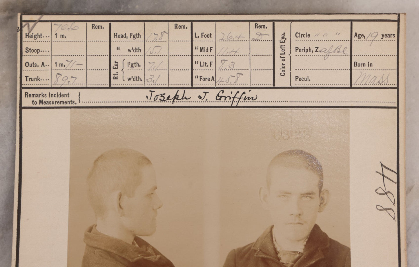 Lot 116 - Antique Real-Photo Police Mugshot And Arrest Card For Joseph J. Griffin, Arrested For Larceny, Massachusetts Reformatory, Concord, Massachusetts, 1894