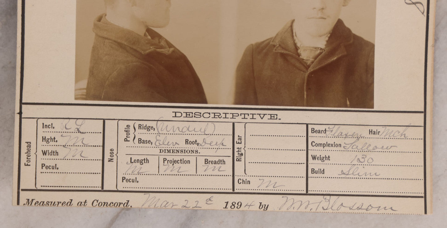 Lot 116 - Antique Real-Photo Police Mugshot And Arrest Card For Joseph J. Griffin, Arrested For Larceny, Massachusetts Reformatory, Concord, Massachusetts, 1894