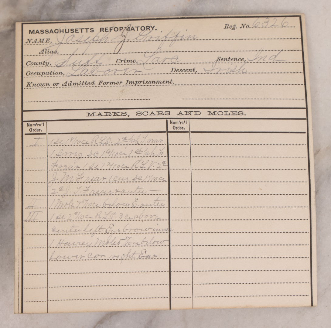 Lot 116 - Antique Real-Photo Police Mugshot And Arrest Card For Joseph J. Griffin, Arrested For Larceny, Massachusetts Reformatory, Concord, Massachusetts, 1894