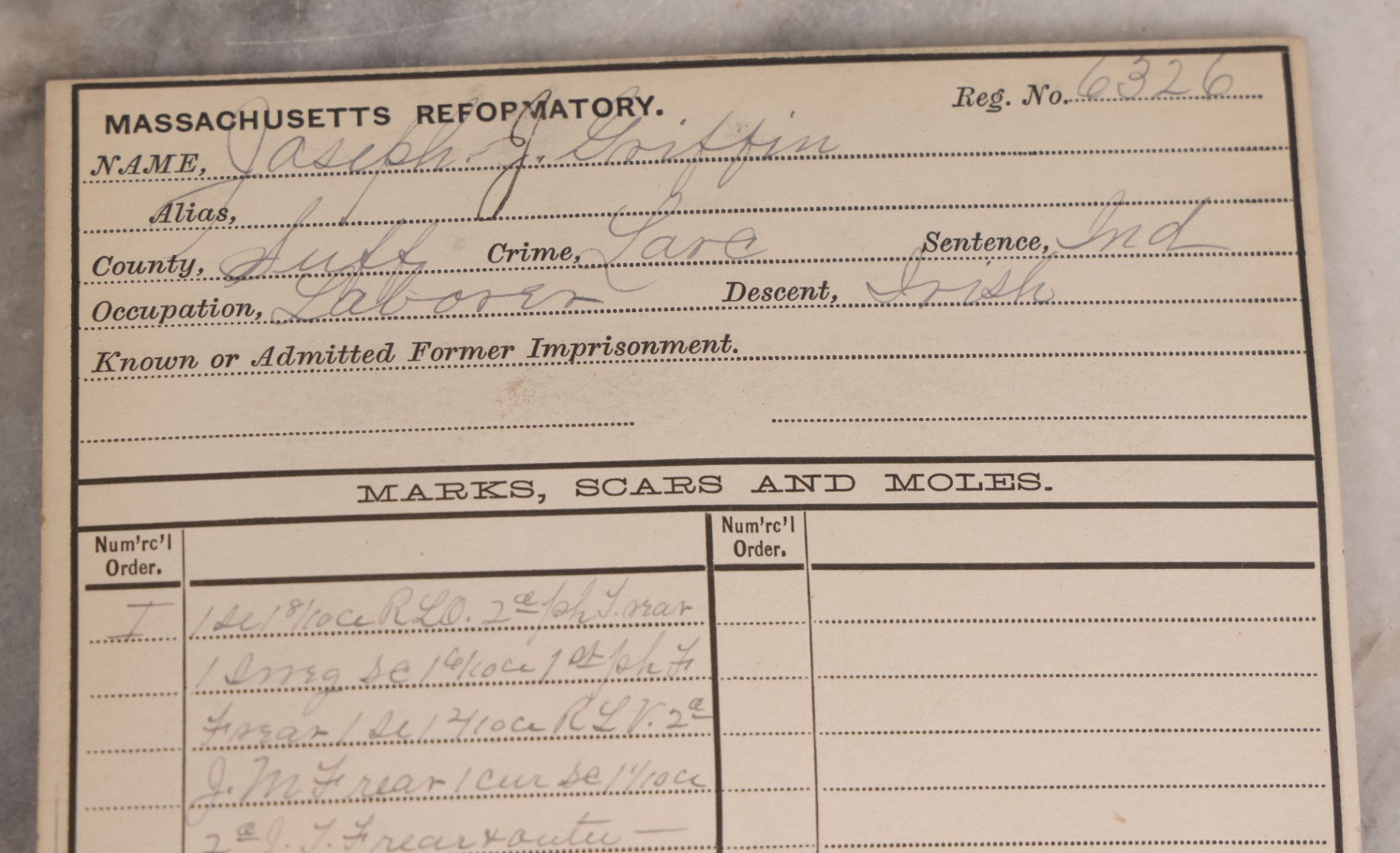 Lot 116 - Antique Real-Photo Police Mugshot And Arrest Card For Joseph J. Griffin, Arrested For Larceny, Massachusetts Reformatory, Concord, Massachusetts, 1894