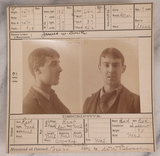 Lot 117 - Antique Real-Photo Police Mugshot And Arrest Card For James W. Smith, Arrested For Breaking And Entering, Massachusetts Reformatory, Concord, Massachusetts, 1892, Includes Detailed List Of Scars