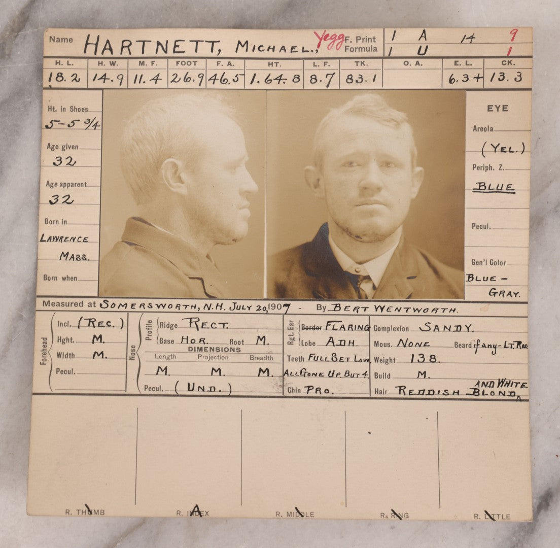 Lot 118 - Antique Real-Photo Police Mugshot And Arrest Card For Michael Hartnett, "Yeggmen," Arrested For Drunkenness, Criminal Specialty Safe Blowing, July 19, 1907, Active Around Dover And Somersworth, New Hampshire, Southern Maine