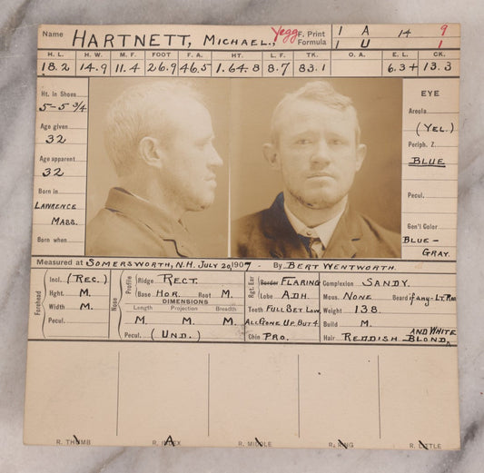 Lot 118 - Antique Real-Photo Police Mugshot And Arrest Card For Michael Hartnett, "Yeggmen," Arrested For Drunkenness, Criminal Specialty Safe Blowing, July 19, 1907, Active Around Dover And Somersworth, New Hampshire, Southern Maine