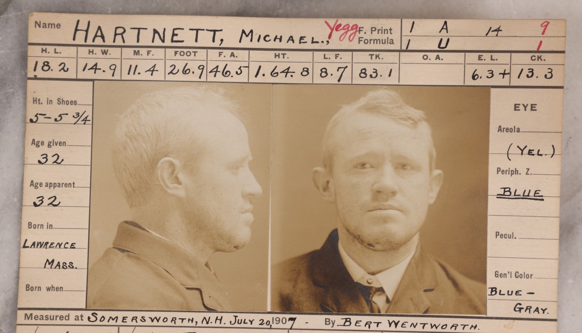 Lot 118 - Antique Real-Photo Police Mugshot And Arrest Card For Michael Hartnett, "Yeggmen," Arrested For Drunkenness, Criminal Specialty Safe Blowing, July 19, 1907, Active Around Dover And Somersworth, New Hampshire, Southern Maine