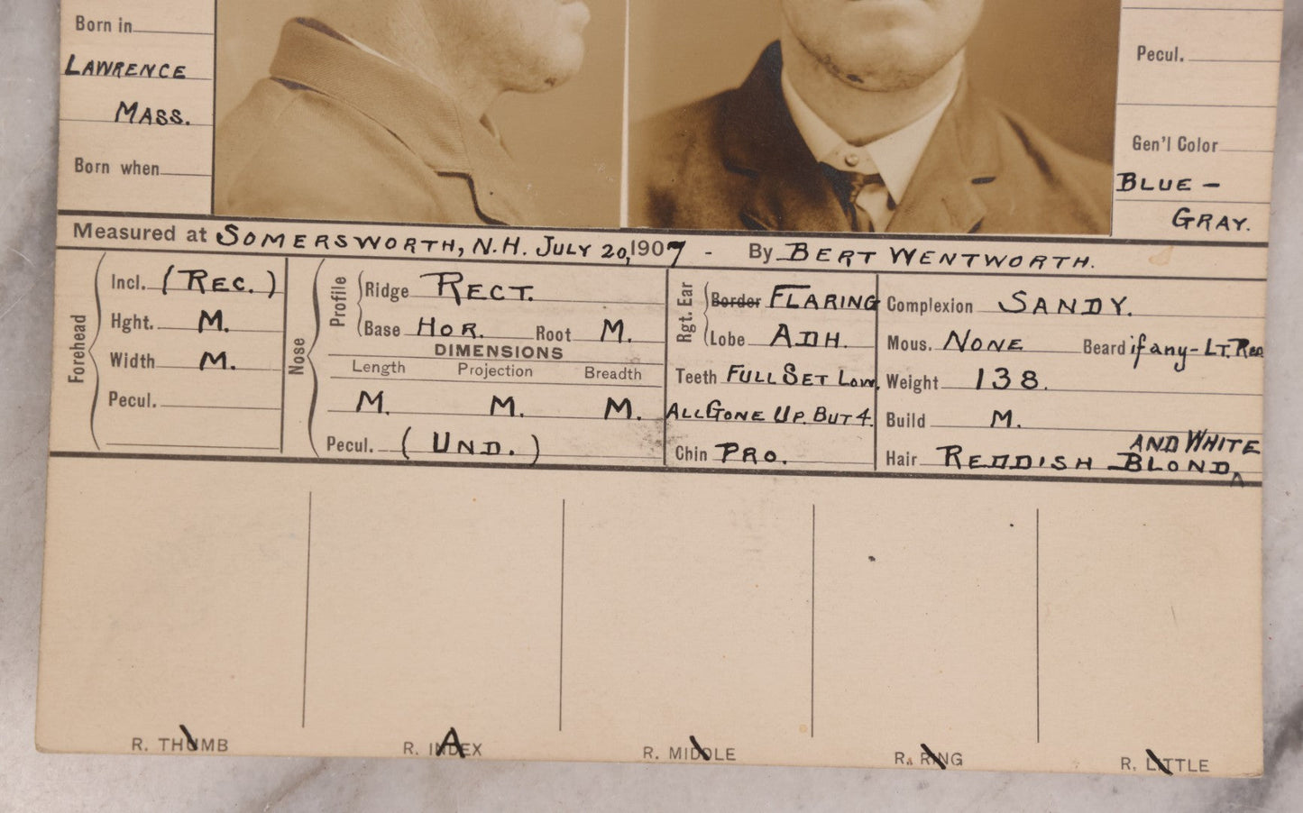 Lot 118 - Antique Real-Photo Police Mugshot And Arrest Card For Michael Hartnett, "Yeggmen," Arrested For Drunkenness, Criminal Specialty Safe Blowing, July 19, 1907, Active Around Dover And Somersworth, New Hampshire, Southern Maine