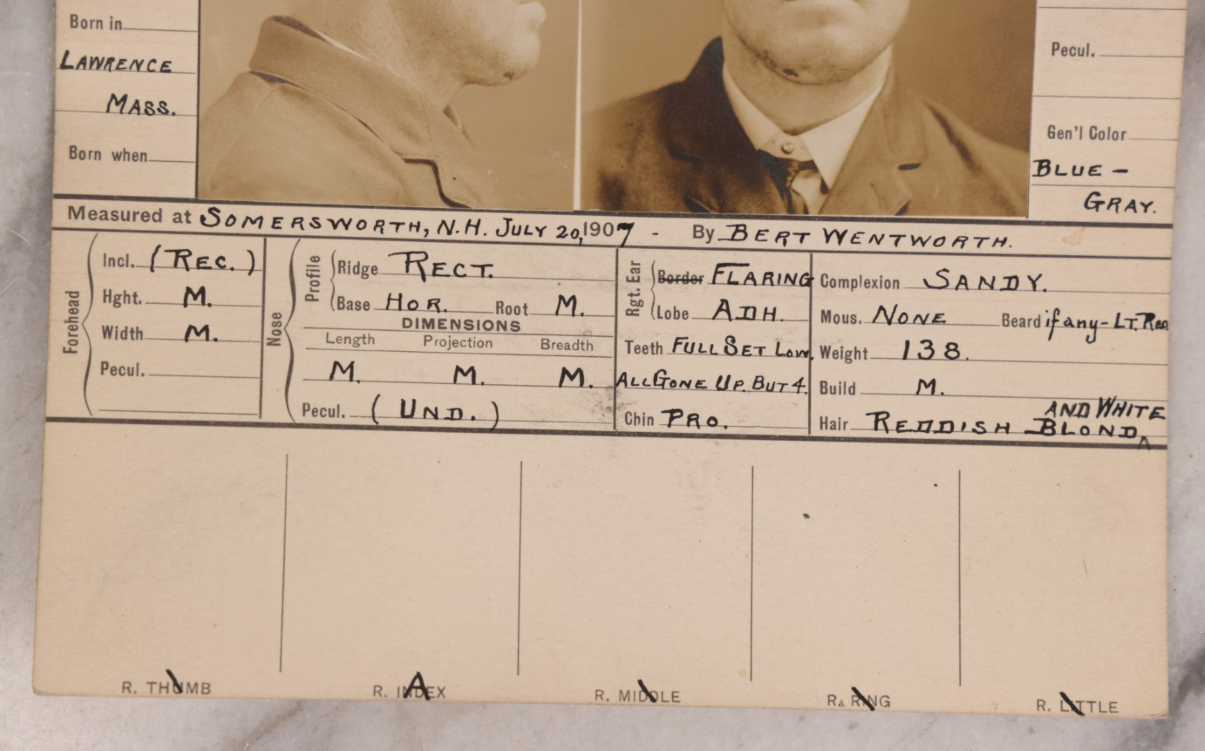Lot 118 - Antique Real-Photo Police Mugshot And Arrest Card For Michael Hartnett, "Yeggmen," Arrested For Drunkenness, Criminal Specialty Safe Blowing, July 19, 1907, Active Around Dover And Somersworth, New Hampshire, Southern Maine