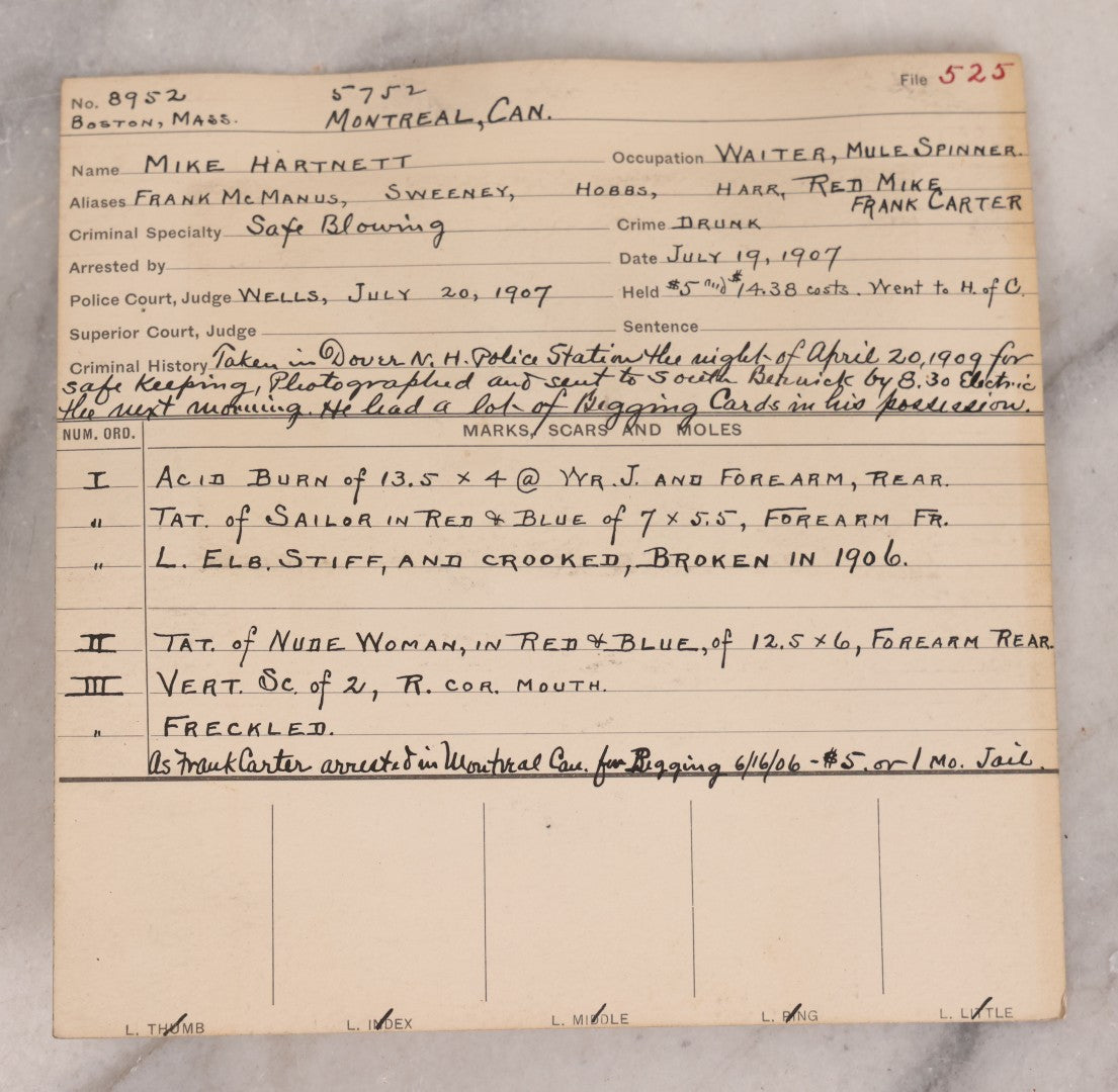 Lot 118 - Antique Real-Photo Police Mugshot And Arrest Card For Michael Hartnett, "Yeggmen," Arrested For Drunkenness, Criminal Specialty Safe Blowing, July 19, 1907, Active Around Dover And Somersworth, New Hampshire, Southern Maine