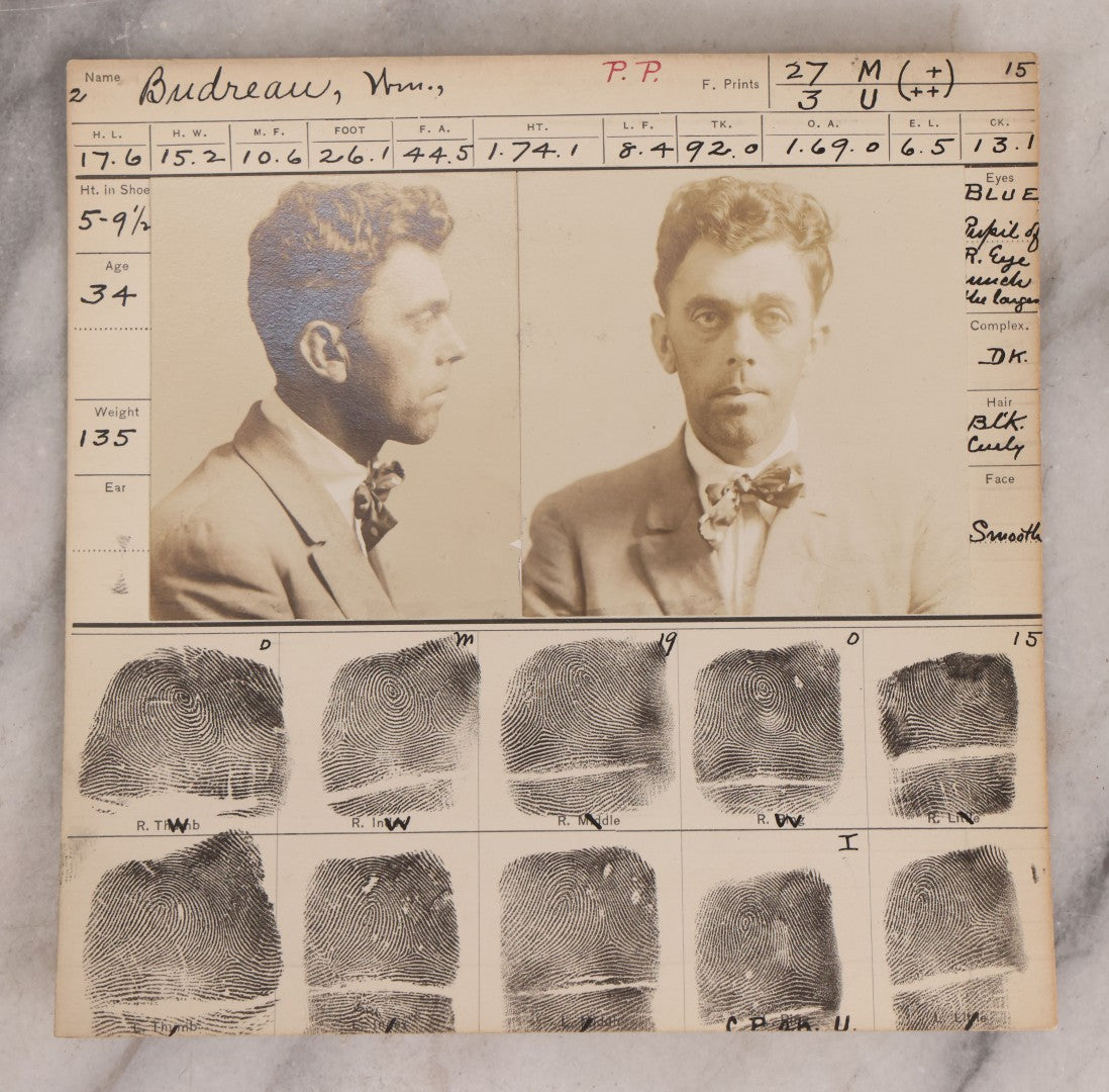 Lot 119 - Antique Real-Photo Police Mugshot And Arrest Card For William Boudreau With Original Fingerprints, Pickpocket And Gambler, Arrested For Larceny, September 25, 1915, Rochester, New Hampshire