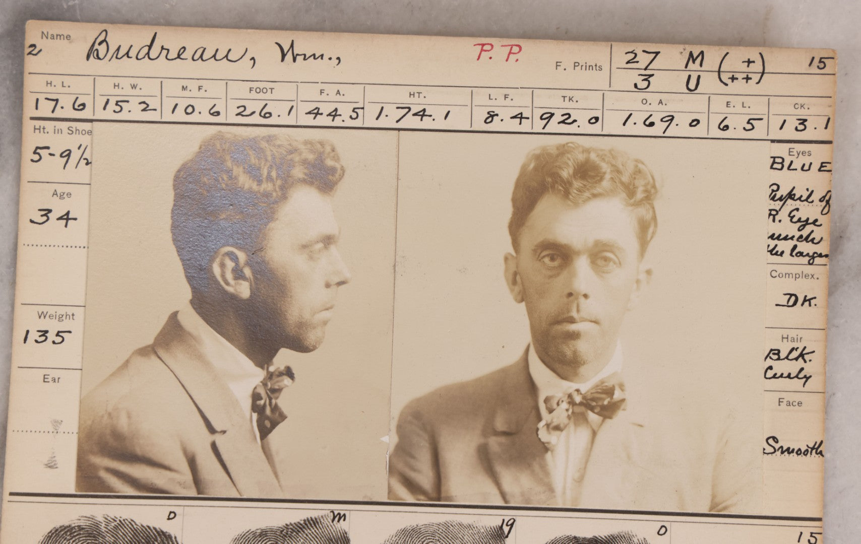 Lot 119 - Antique Real-Photo Police Mugshot And Arrest Card For William Boudreau With Original Fingerprints, Pickpocket And Gambler, Arrested For Larceny, September 25, 1915, Rochester, New Hampshire