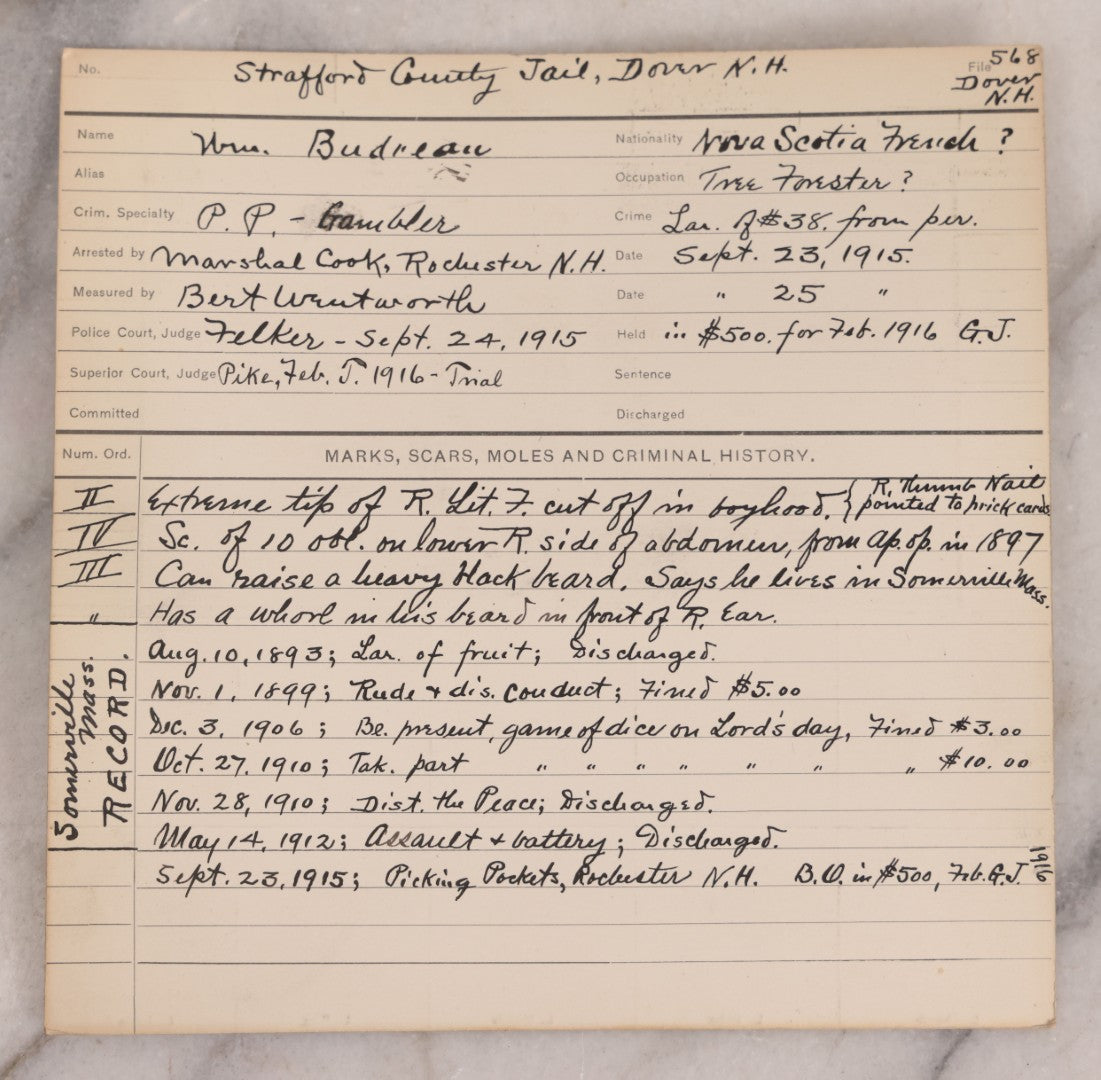 Lot 119 - Antique Real-Photo Police Mugshot And Arrest Card For William Boudreau With Original Fingerprints, Pickpocket And Gambler, Arrested For Larceny, September 25, 1915, Rochester, New Hampshire