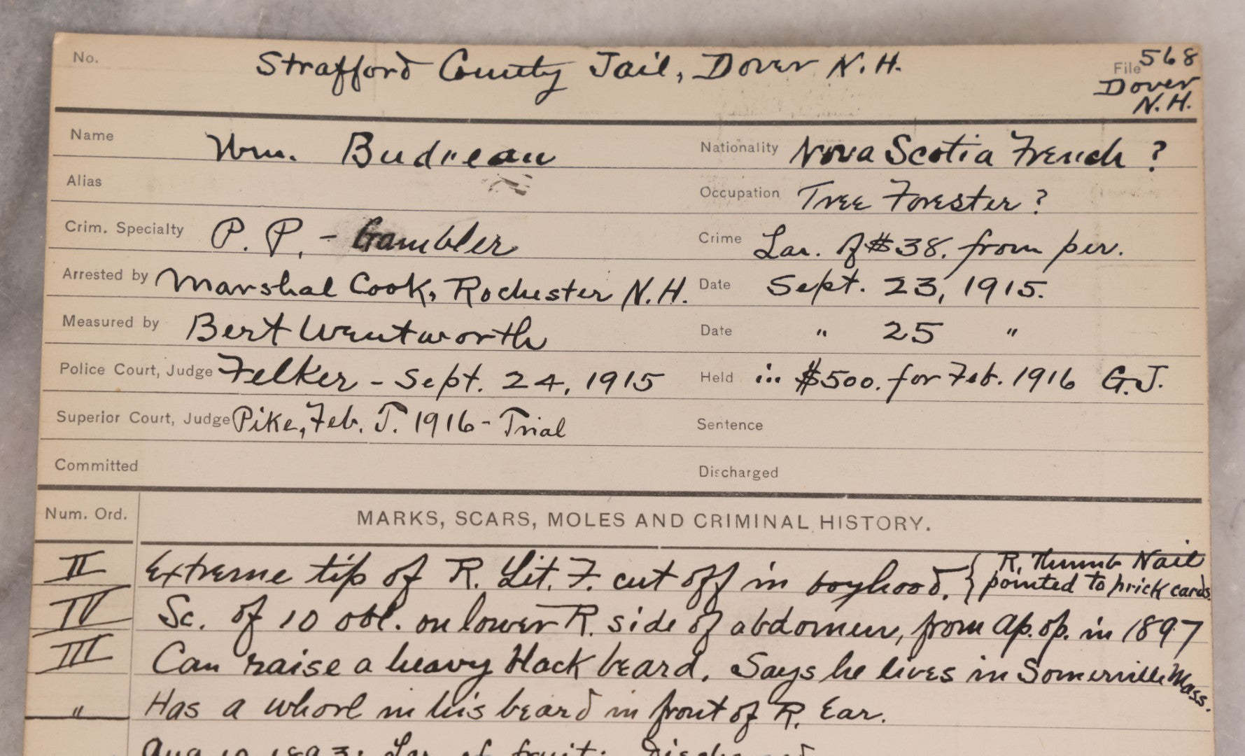 Lot 119 - Antique Real-Photo Police Mugshot And Arrest Card For William Boudreau With Original Fingerprints, Pickpocket And Gambler, Arrested For Larceny, September 25, 1915, Rochester, New Hampshire