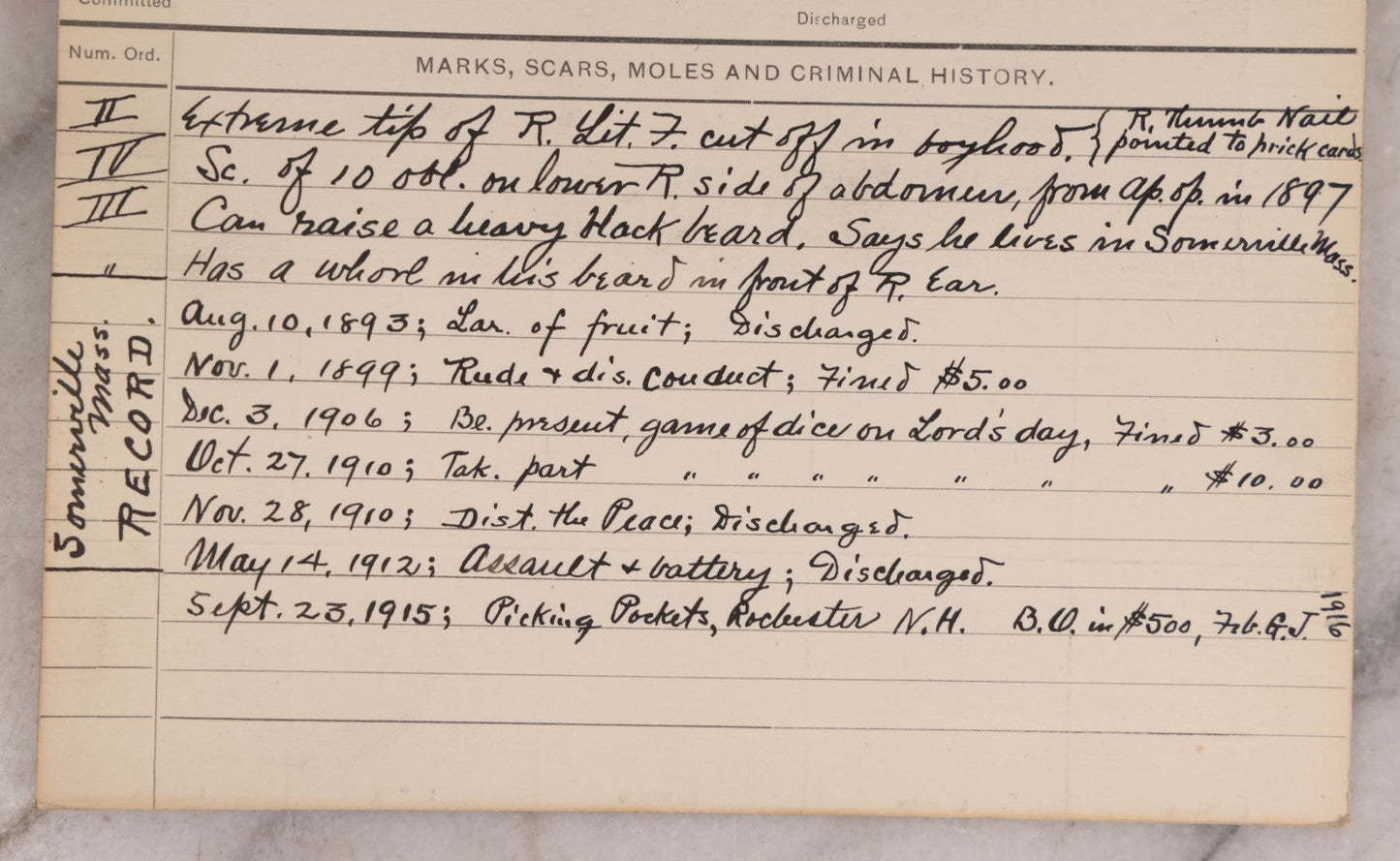 Lot 119 - Antique Real-Photo Police Mugshot And Arrest Card For William Boudreau With Original Fingerprints, Pickpocket And Gambler, Arrested For Larceny, September 25, 1915, Rochester, New Hampshire