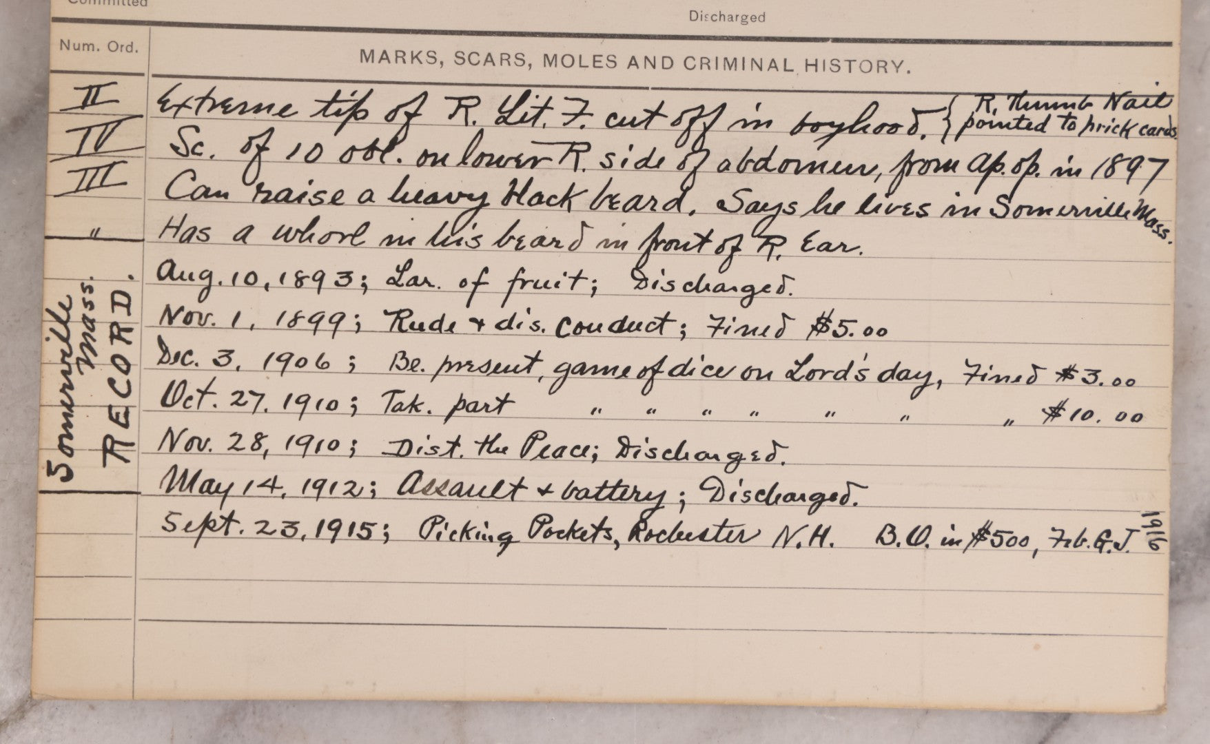 Lot 119 - Antique Real-Photo Police Mugshot And Arrest Card For William Boudreau With Original Fingerprints, Pickpocket And Gambler, Arrested For Larceny, September 25, 1915, Rochester, New Hampshire