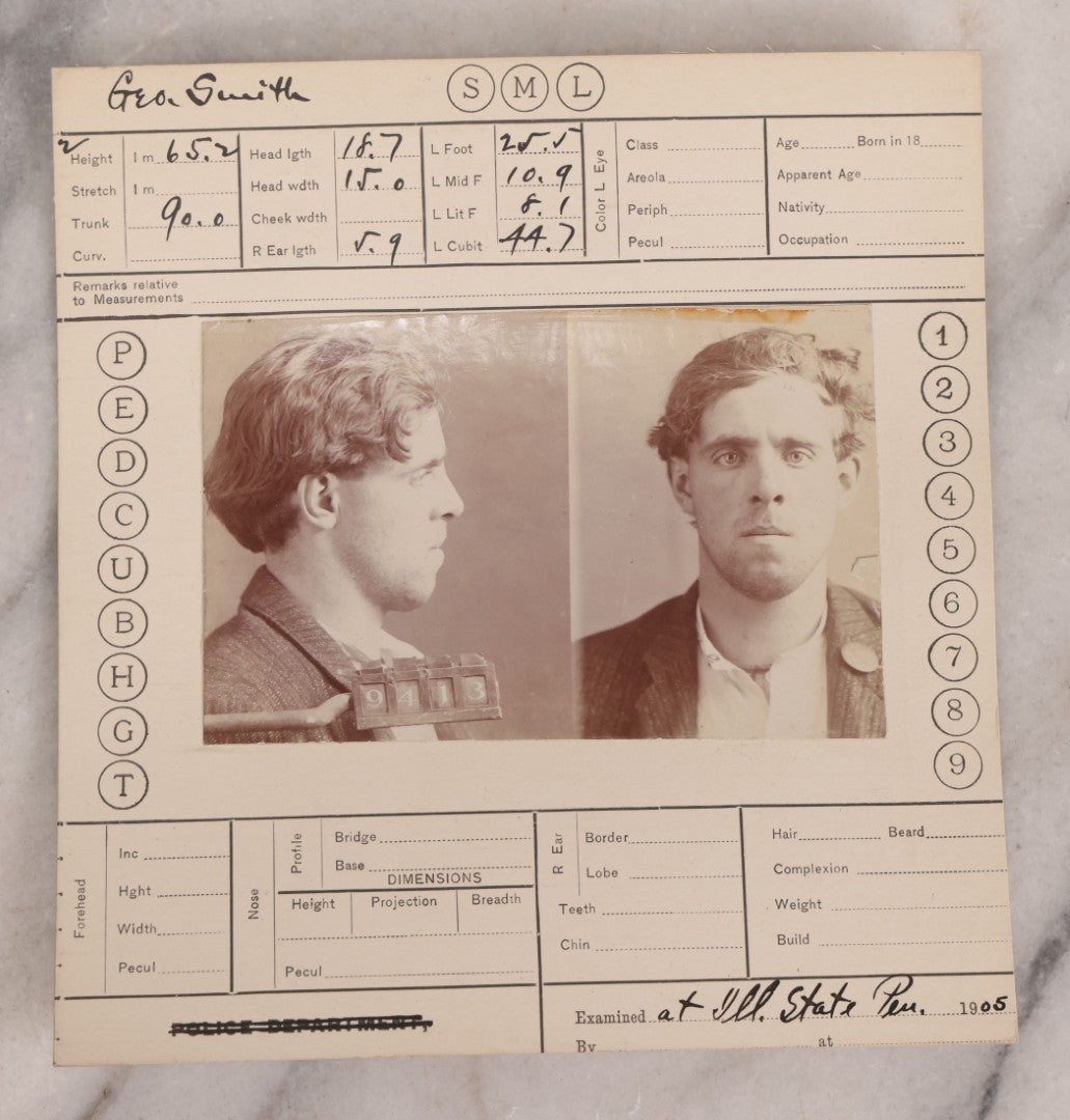 Lot 120 - Antique Real-Photo Police Mugshot And Arrest Card For George Smith, Arrested For Burglary, Illinois State Penitentiary, 1905
