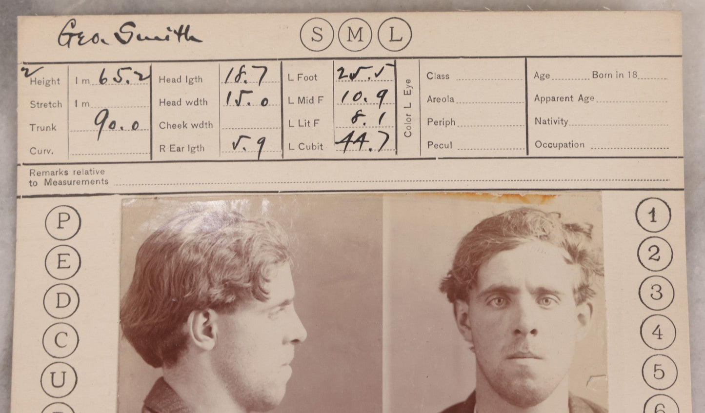 Lot 120 - Antique Real-Photo Police Mugshot And Arrest Card For George Smith, Arrested For Burglary, Illinois State Penitentiary, 1905