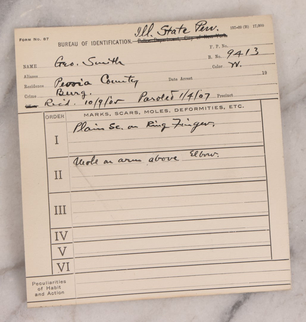 Lot 120 - Antique Real-Photo Police Mugshot And Arrest Card For George Smith, Arrested For Burglary, Illinois State Penitentiary, 1905