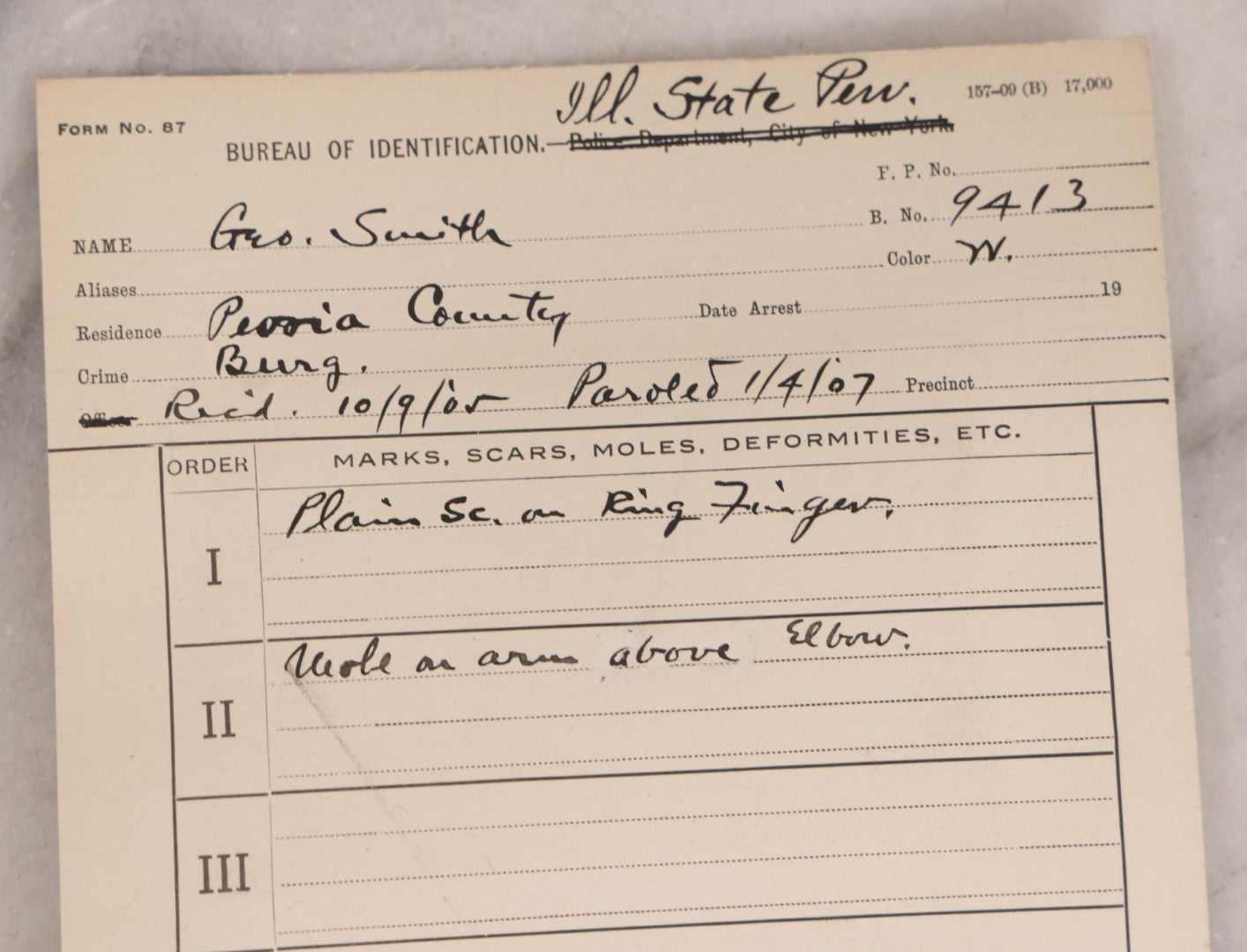 Lot 120 - Antique Real-Photo Police Mugshot And Arrest Card For George Smith, Arrested For Burglary, Illinois State Penitentiary, 1905