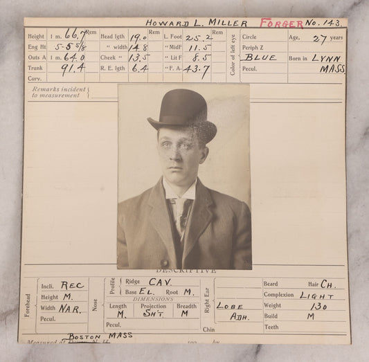 Lot 121 - Antique Real-Photo Police Mugshot And Arrest Card For Howard L. Miller, Forger, Arrested For Forgery, Boston, Massachusetts, Circa 1900