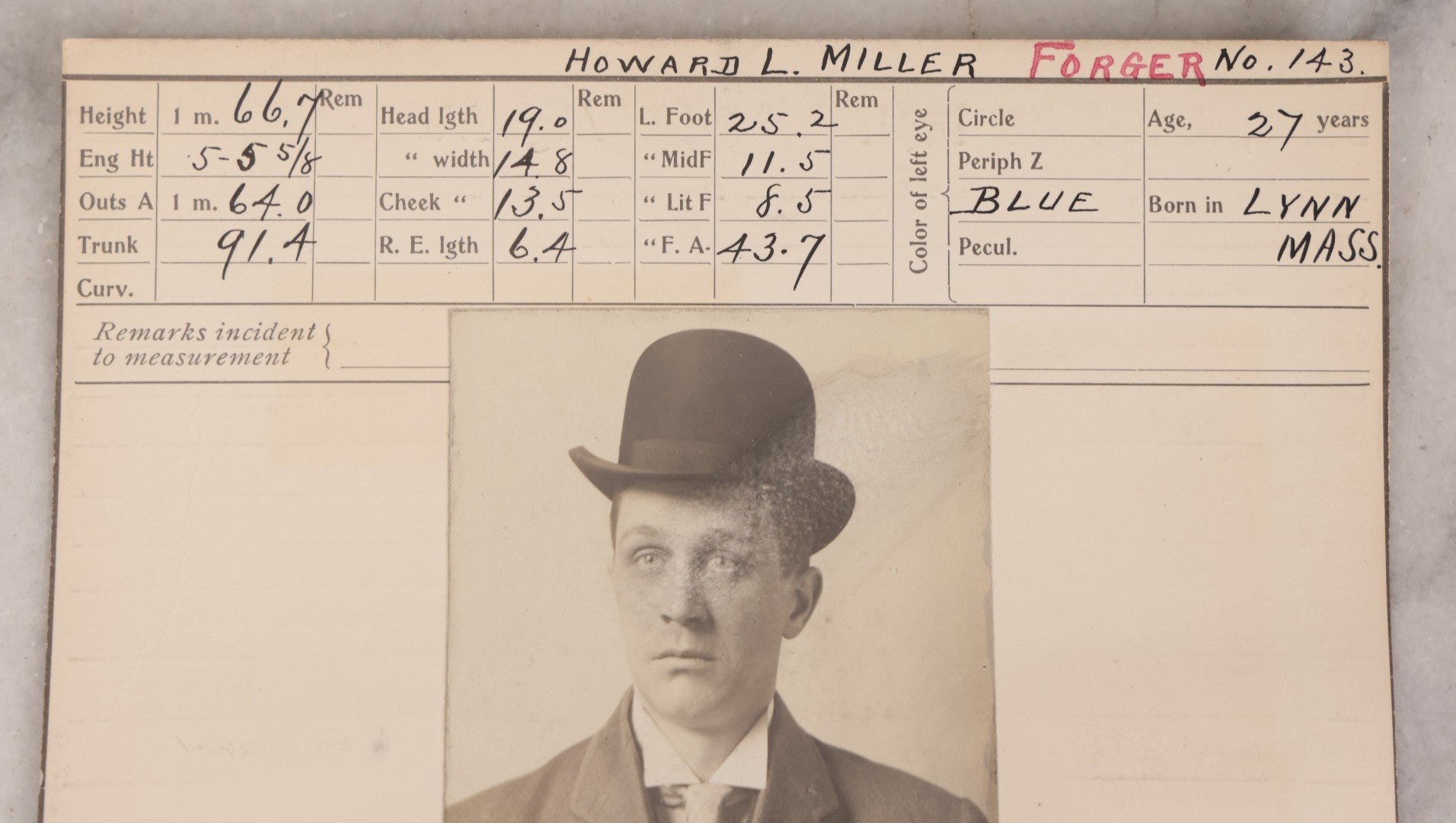 Lot 121 - Antique Real-Photo Police Mugshot And Arrest Card For Howard L. Miller, Forger, Arrested For Forgery, Boston, Massachusetts, Circa 1900