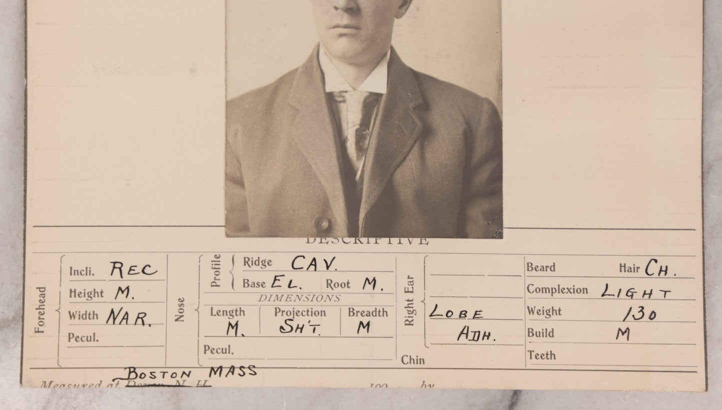 Lot 121 - Antique Real-Photo Police Mugshot And Arrest Card For Howard L. Miller, Forger, Arrested For Forgery, Boston, Massachusetts, Circa 1900