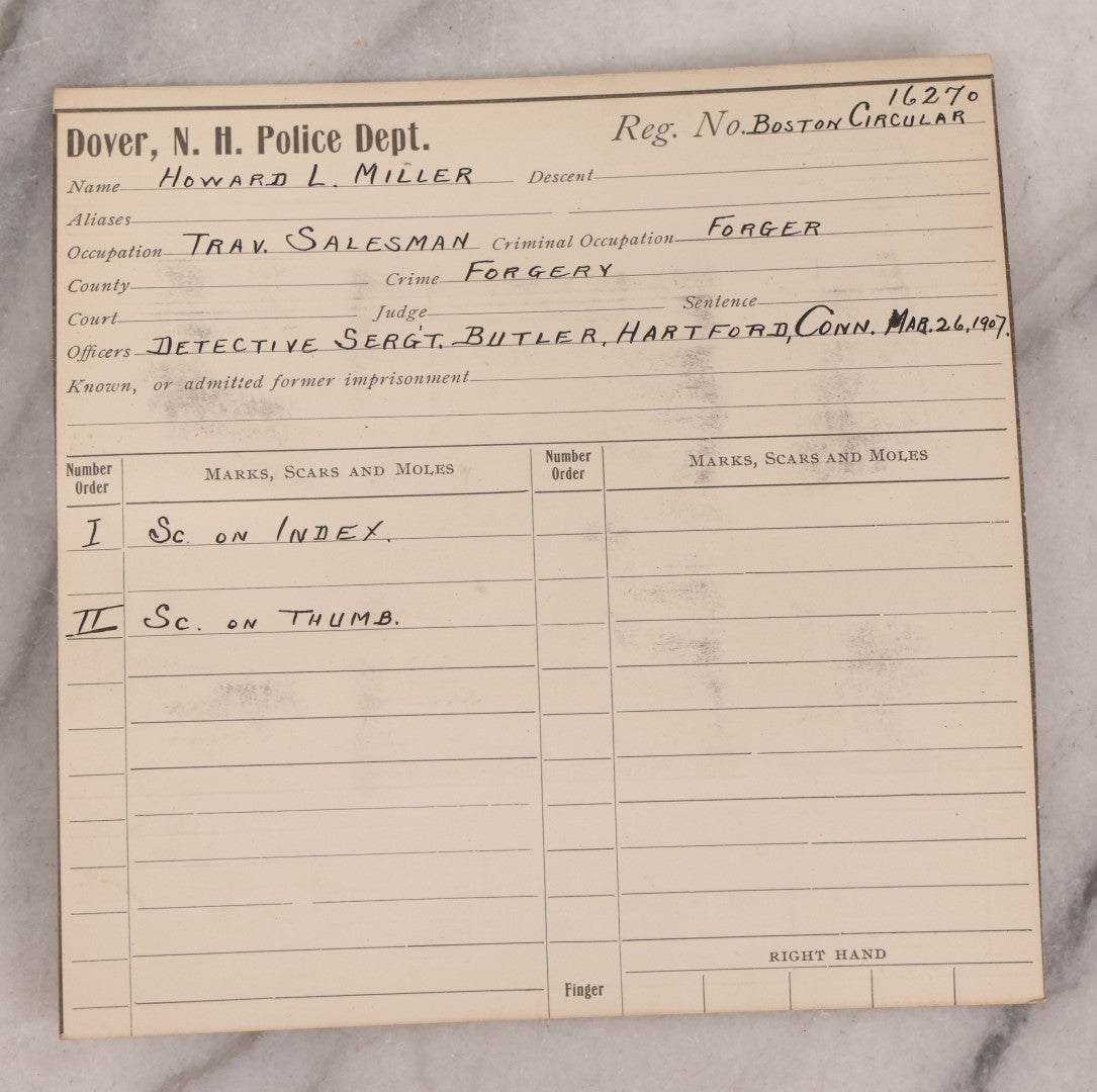 Lot 121 - Antique Real-Photo Police Mugshot And Arrest Card For Howard L. Miller, Forger, Arrested For Forgery, Boston, Massachusetts, Circa 1900
