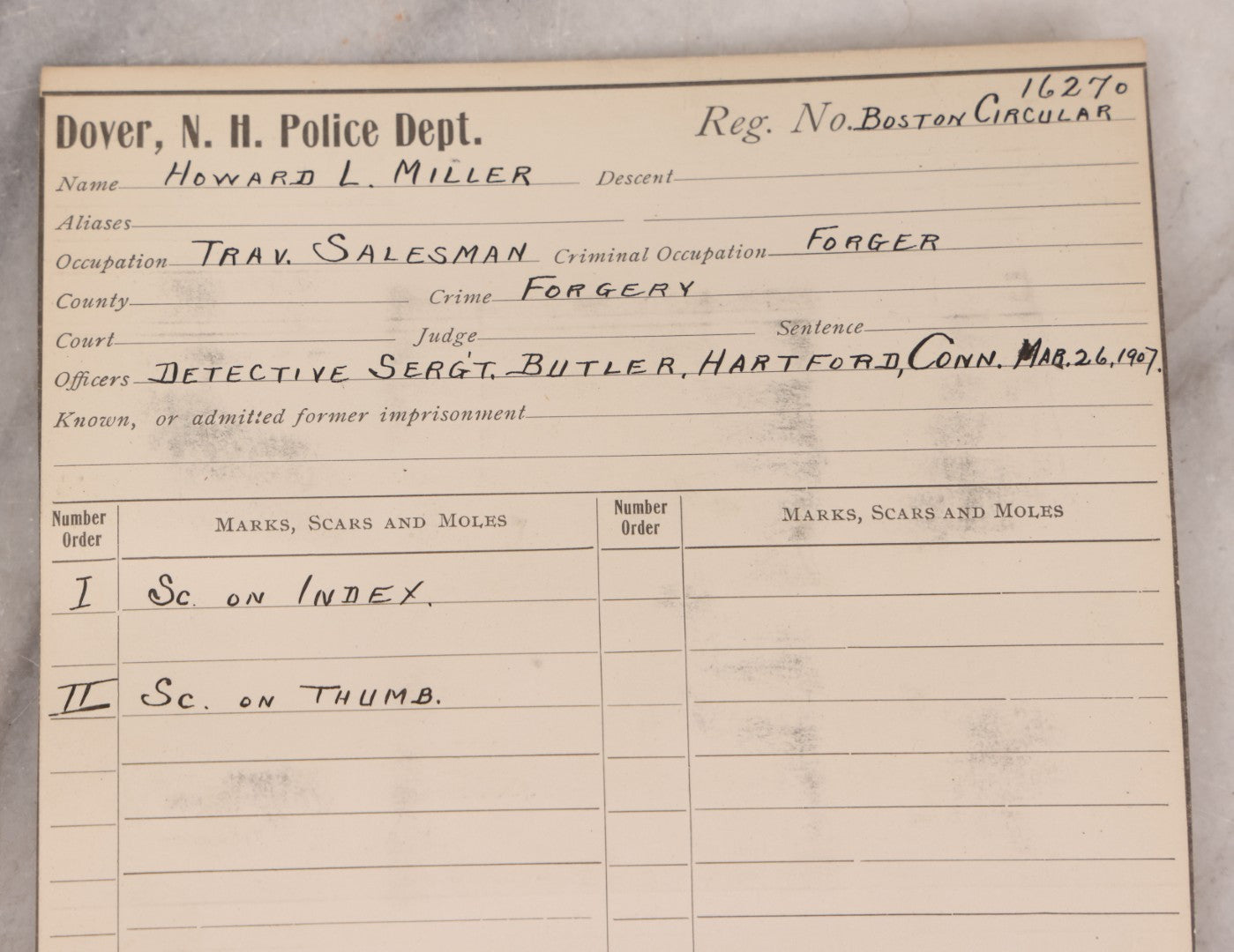Lot 121 - Antique Real-Photo Police Mugshot And Arrest Card For Howard L. Miller, Forger, Arrested For Forgery, Boston, Massachusetts, Circa 1900