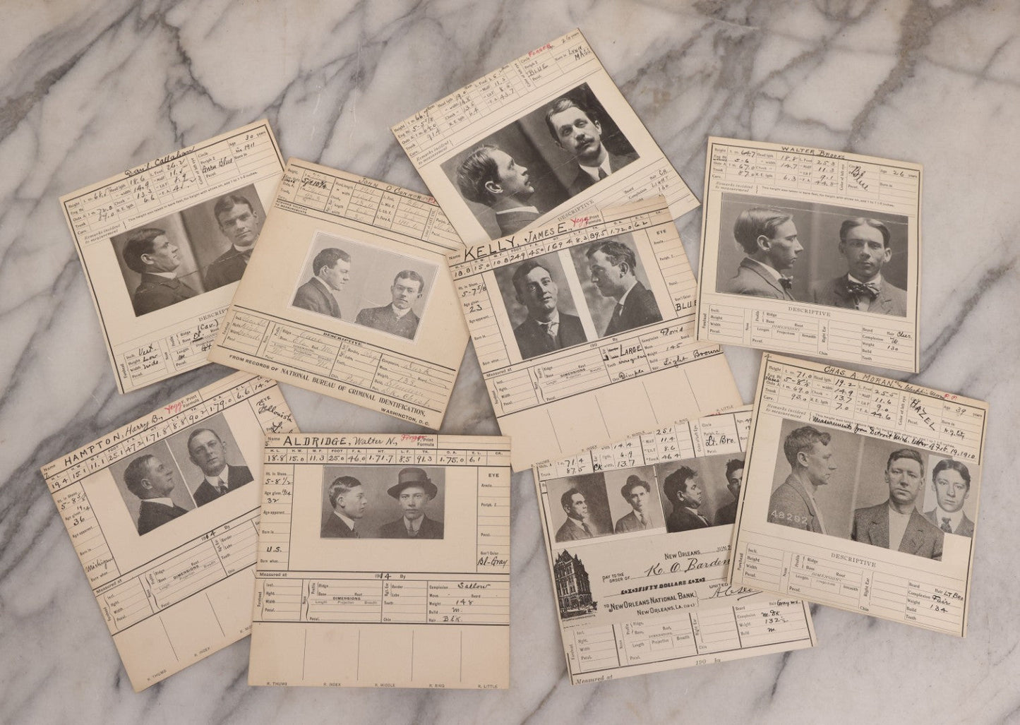 Lot 122 - Grouping Of Nine Antique Police Mugshot Photo Prints Including Walter Brooks, Howard L. Miller, Walter N. Aldridge, Chas A. Moran Alias Chappie Moran, Clarence Sheftall, James E. Kelly, Harry B. Hampton, John O'Connor, Daniel Callahan