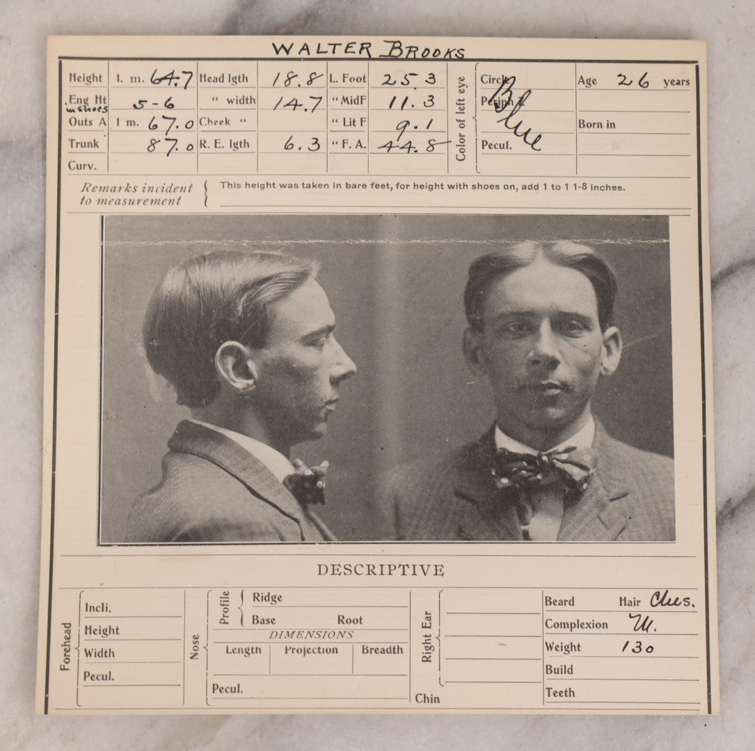 Lot 122 - Grouping Of Nine Antique Police Mugshot Photo Prints Including Walter Brooks, Howard L. Miller, Walter N. Aldridge, Chas A. Moran Alias Chappie Moran, Clarence Sheftall, James E. Kelly, Harry B. Hampton, John O'Connor, Daniel Callahan