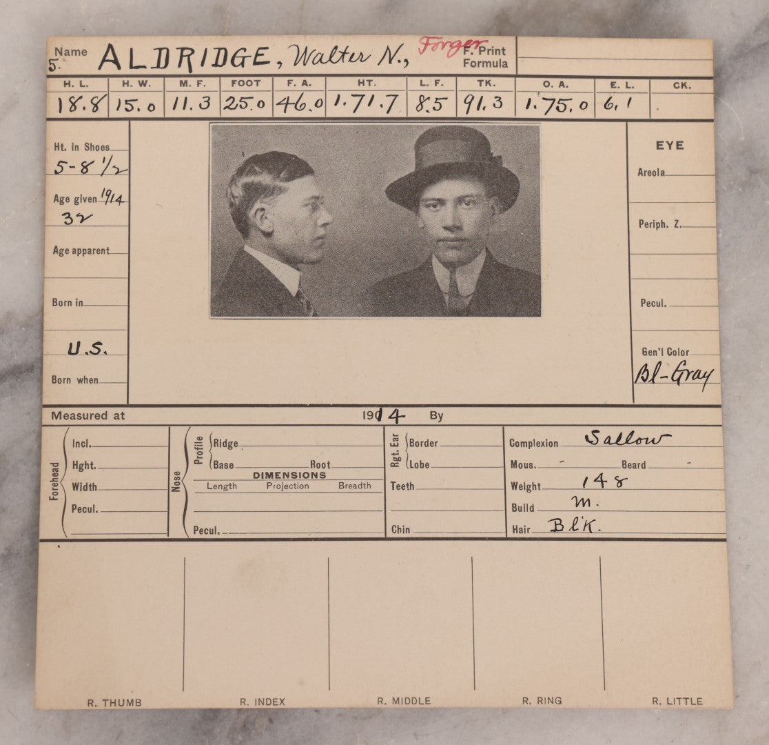 Lot 122 - Grouping Of Nine Antique Police Mugshot Photo Prints Including Walter Brooks, Howard L. Miller, Walter N. Aldridge, Chas A. Moran Alias Chappie Moran, Clarence Sheftall, James E. Kelly, Harry B. Hampton, John O'Connor, Daniel Callahan