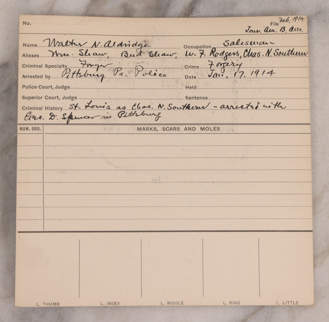 Lot 122 - Grouping Of Nine Antique Police Mugshot Photo Prints Including Walter Brooks, Howard L. Miller, Walter N. Aldridge, Chas A. Moran Alias Chappie Moran, Clarence Sheftall, James E. Kelly, Harry B. Hampton, John O'Connor, Daniel Callahan