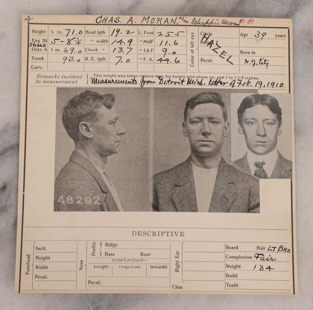 Lot 122 - Grouping Of Nine Antique Police Mugshot Photo Prints Including Walter Brooks, Howard L. Miller, Walter N. Aldridge, Chas A. Moran Alias Chappie Moran, Clarence Sheftall, James E. Kelly, Harry B. Hampton, John O'Connor, Daniel Callahan