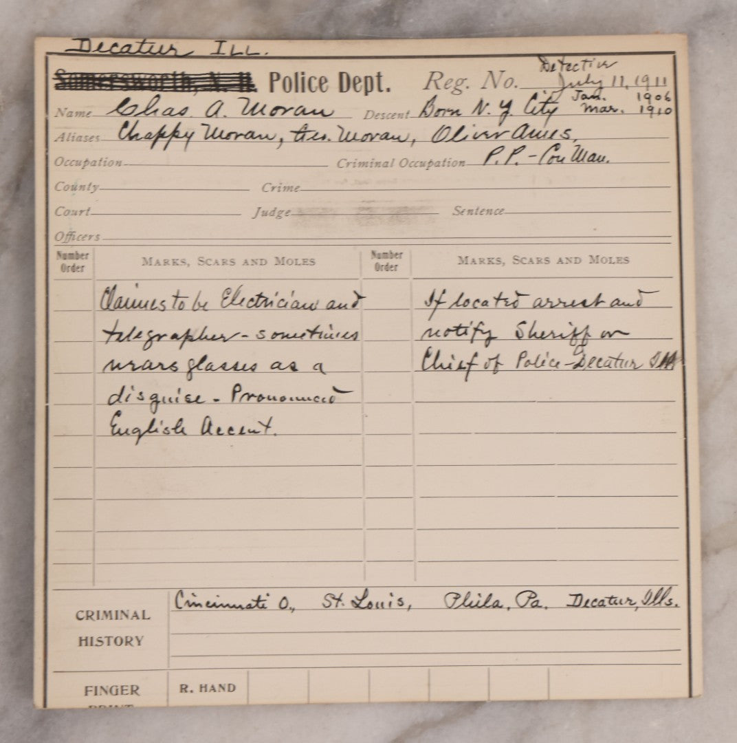 Lot 122 - Grouping Of Nine Antique Police Mugshot Photo Prints Including Walter Brooks, Howard L. Miller, Walter N. Aldridge, Chas A. Moran Alias Chappie Moran, Clarence Sheftall, James E. Kelly, Harry B. Hampton, John O'Connor, Daniel Callahan