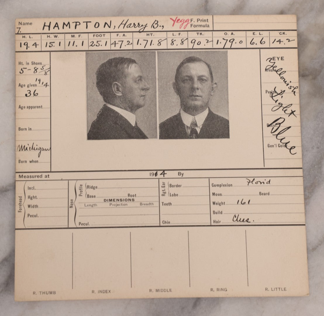Lot 122 - Grouping Of Nine Antique Police Mugshot Photo Prints Including Walter Brooks, Howard L. Miller, Walter N. Aldridge, Chas A. Moran Alias Chappie Moran, Clarence Sheftall, James E. Kelly, Harry B. Hampton, John O'Connor, Daniel Callahan