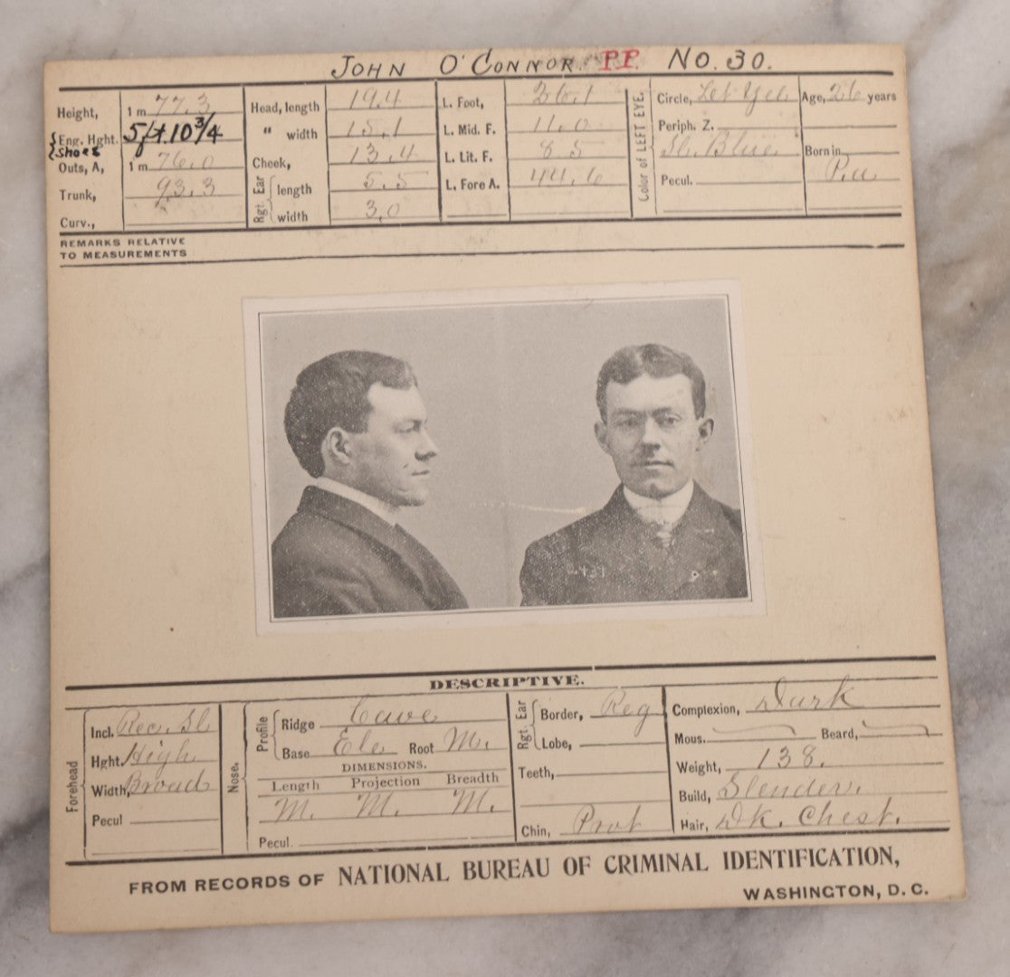 Lot 122 - Grouping Of Nine Antique Police Mugshot Photo Prints Including Walter Brooks, Howard L. Miller, Walter N. Aldridge, Chas A. Moran Alias Chappie Moran, Clarence Sheftall, James E. Kelly, Harry B. Hampton, John O'Connor, Daniel Callahan