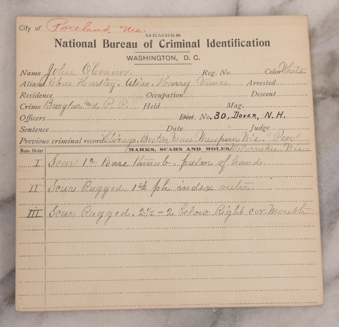 Lot 122 - Grouping Of Nine Antique Police Mugshot Photo Prints Including Walter Brooks, Howard L. Miller, Walter N. Aldridge, Chas A. Moran Alias Chappie Moran, Clarence Sheftall, James E. Kelly, Harry B. Hampton, John O'Connor, Daniel Callahan