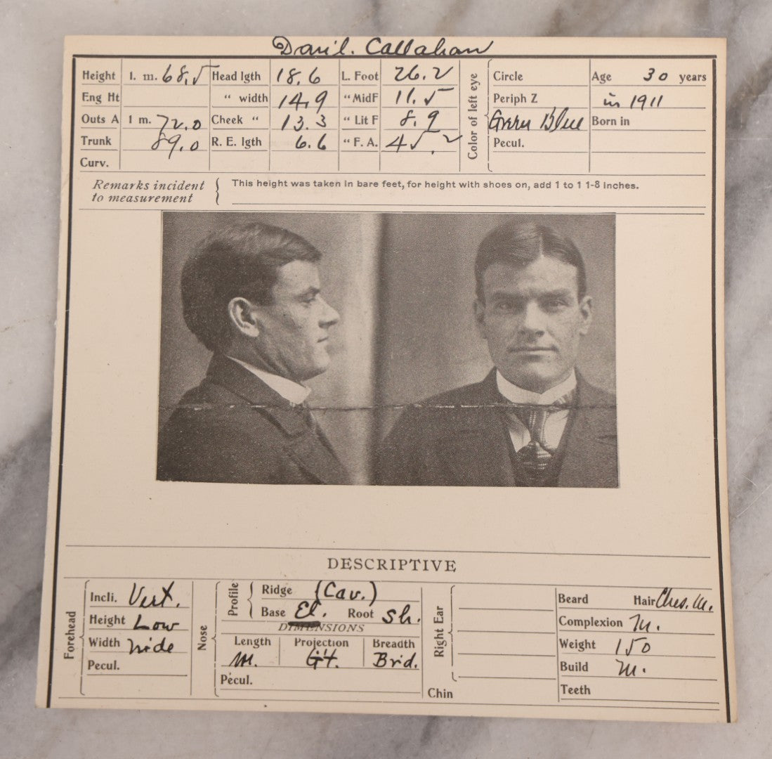 Lot 122 - Grouping Of Nine Antique Police Mugshot Photo Prints Including Walter Brooks, Howard L. Miller, Walter N. Aldridge, Chas A. Moran Alias Chappie Moran, Clarence Sheftall, James E. Kelly, Harry B. Hampton, John O'Connor, Daniel Callahan