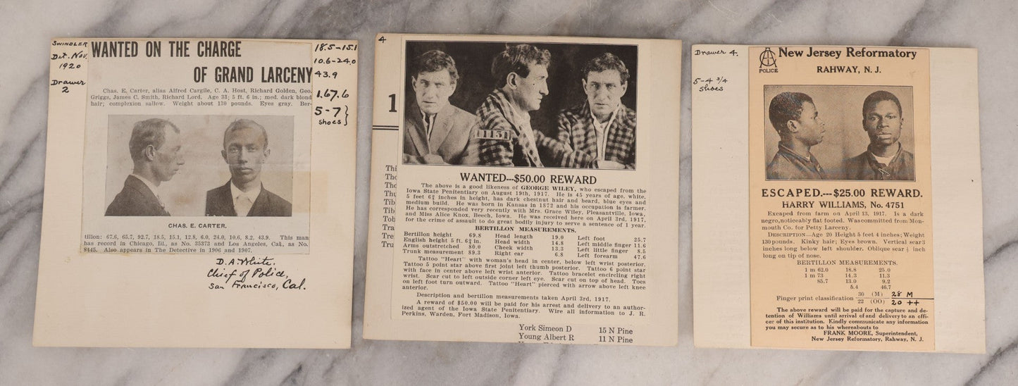 Lot 123 - Trio Of Antique Wanted Poster Cards With Mugshots For Chas E. Carter, Grand Larceny, George Wiley, Escaped From Iowa State Penitentiary, Harry Williams, Escaped From New Jersey Reformatory