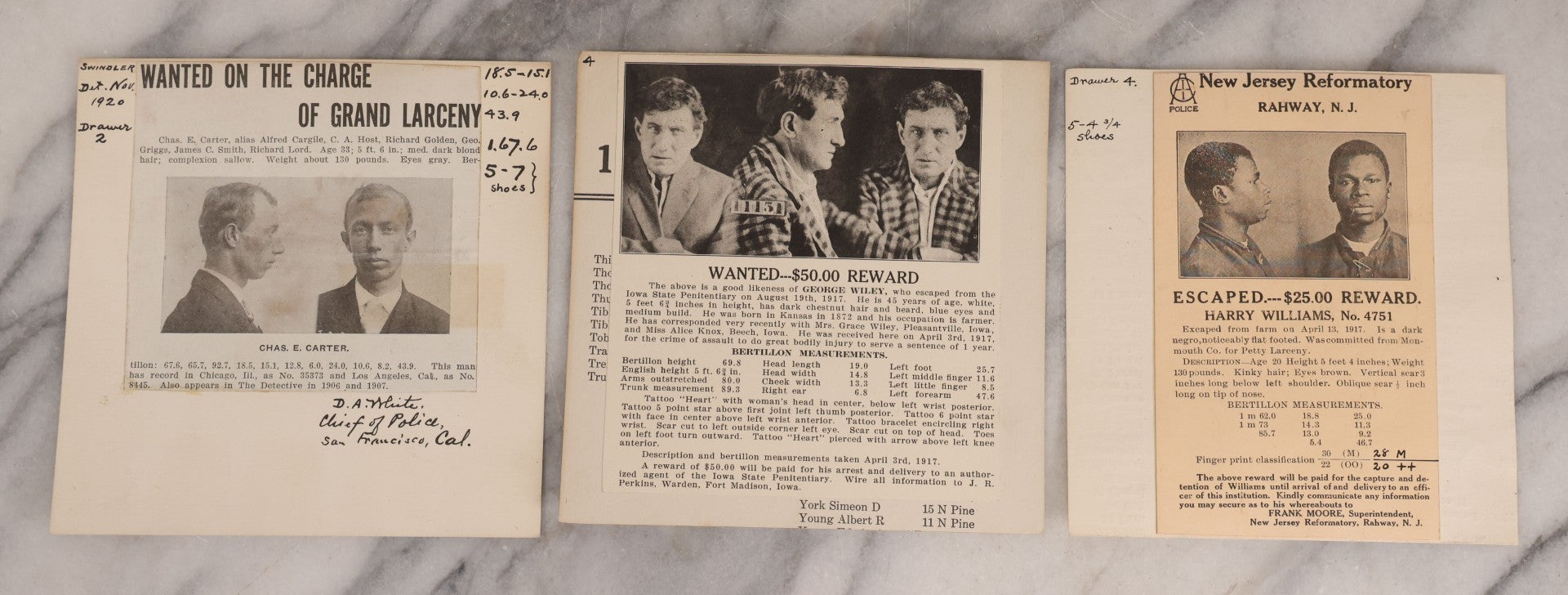 Lot 123 - Trio Of Antique Wanted Poster Cards With Mugshots For Chas E. Carter, Grand Larceny, George Wiley, Escaped From Iowa State Penitentiary, Harry Williams, Escaped From New Jersey Reformatory