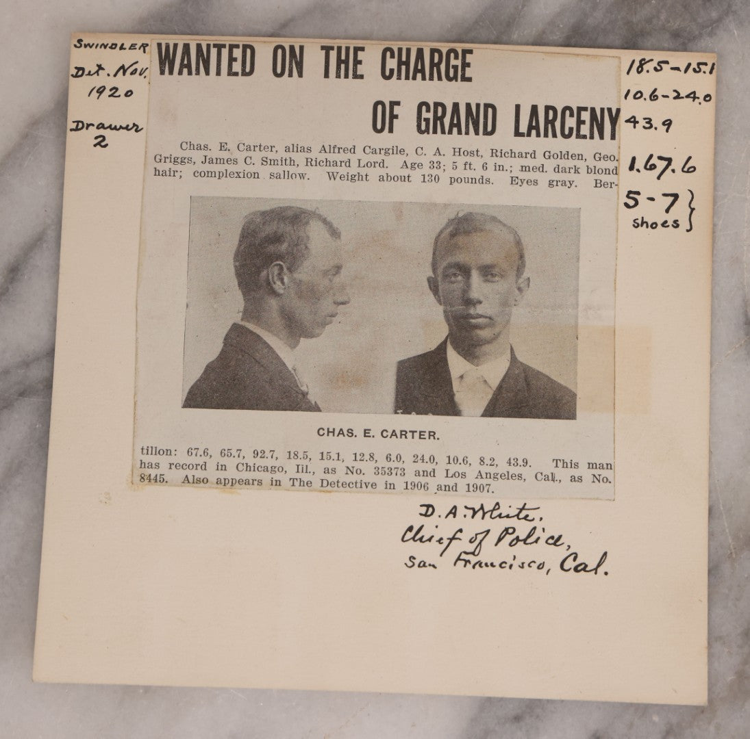 Lot 123 - Trio Of Antique Wanted Poster Cards With Mugshots For Chas E. Carter, Grand Larceny, George Wiley, Escaped From Iowa State Penitentiary, Harry Williams, Escaped From New Jersey Reformatory