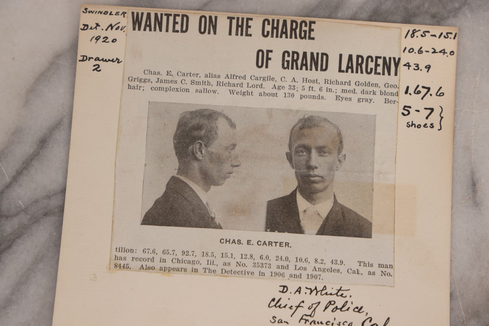 Lot 123 - Trio Of Antique Wanted Poster Cards With Mugshots For Chas E. Carter, Grand Larceny, George Wiley, Escaped From Iowa State Penitentiary, Harry Williams, Escaped From New Jersey Reformatory