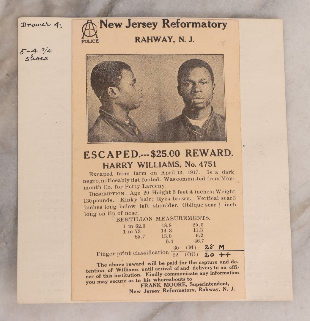 Lot 123 - Trio Of Antique Wanted Poster Cards With Mugshots For Chas E. Carter, Grand Larceny, George Wiley, Escaped From Iowa State Penitentiary, Harry Williams, Escaped From New Jersey Reformatory