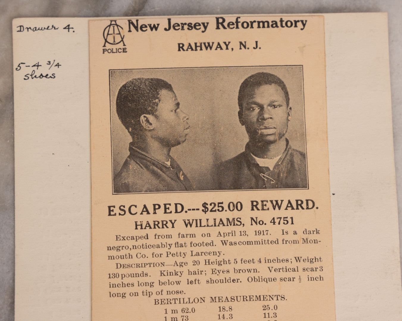 Lot 123 - Trio Of Antique Wanted Poster Cards With Mugshots For Chas E. Carter, Grand Larceny, George Wiley, Escaped From Iowa State Penitentiary, Harry Williams, Escaped From New Jersey Reformatory