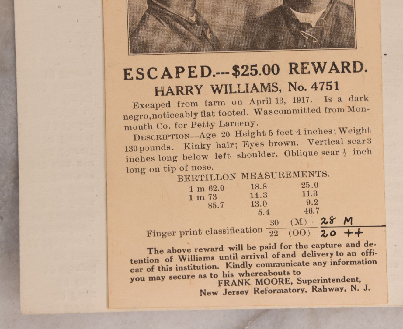 Lot 123 - Trio Of Antique Wanted Poster Cards With Mugshots For Chas E. Carter, Grand Larceny, George Wiley, Escaped From Iowa State Penitentiary, Harry Williams, Escaped From New Jersey Reformatory