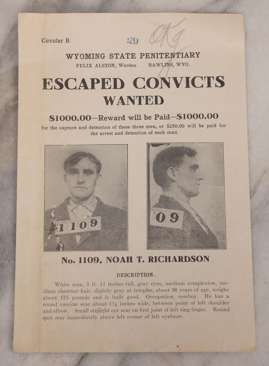 Lot 124 - Antique Wanted Pamhlet For Escaped Convicts Noah T. Richardson, J.H. Burke, Ernest Baxtrum, $1,000 Reward, Wyoming State Penitentiary, October 13, 1912