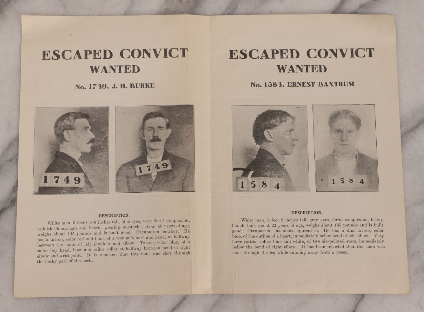 Lot 124 - Antique Wanted Pamhlet For Escaped Convicts Noah T. Richardson, J.H. Burke, Ernest Baxtrum, $1,000 Reward, Wyoming State Penitentiary, October 13, 1912