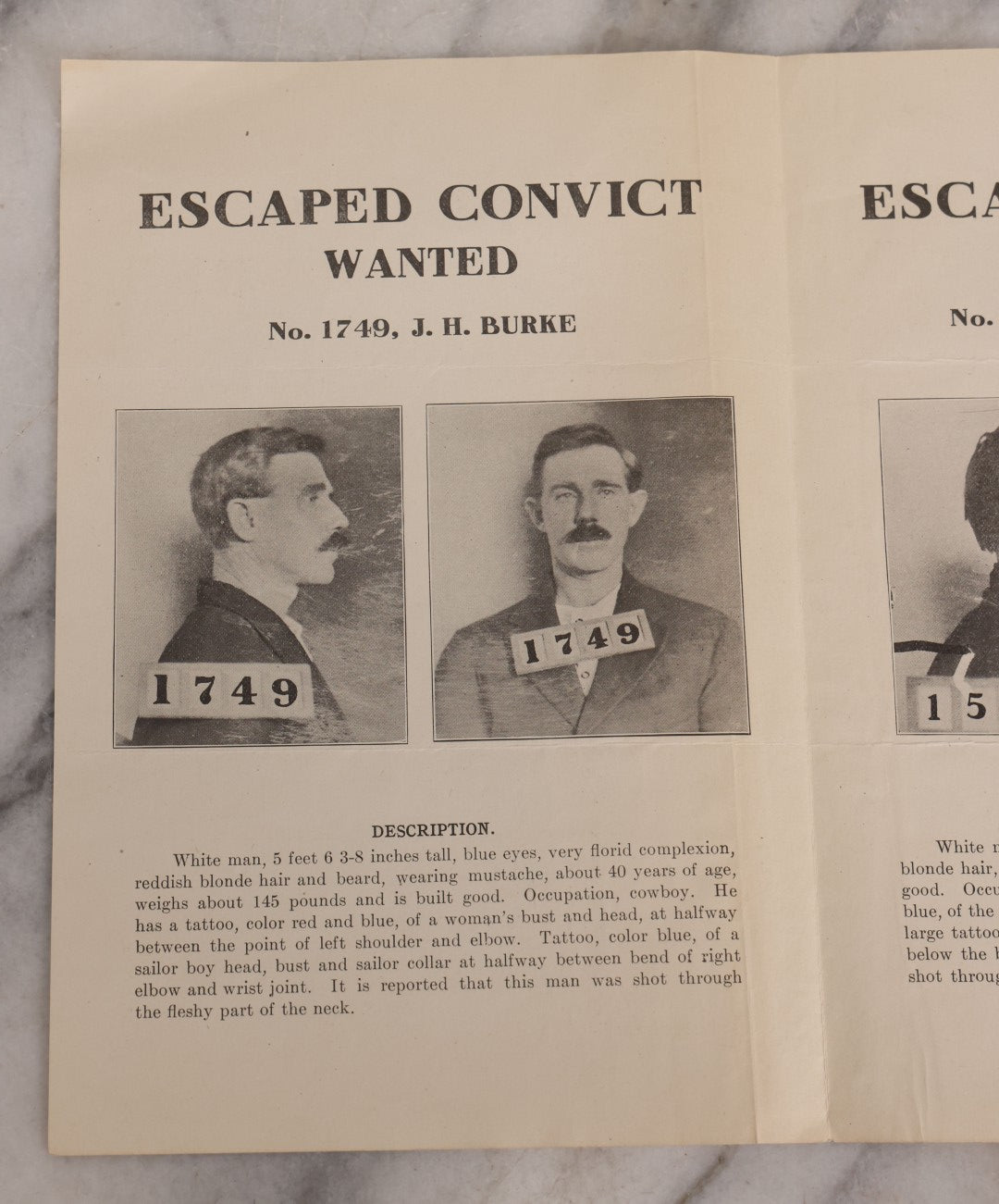 Lot 124 - Antique Wanted Pamhlet For Escaped Convicts Noah T. Richardson, J.H. Burke, Ernest Baxtrum, $1,000 Reward, Wyoming State Penitentiary, October 13, 1912
